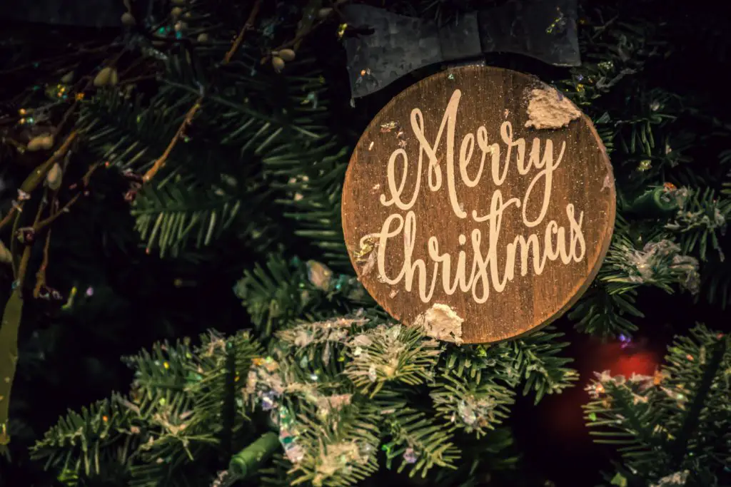 A festive but minimalist Christmas ornament in a tree to tell readers Merry Christmas