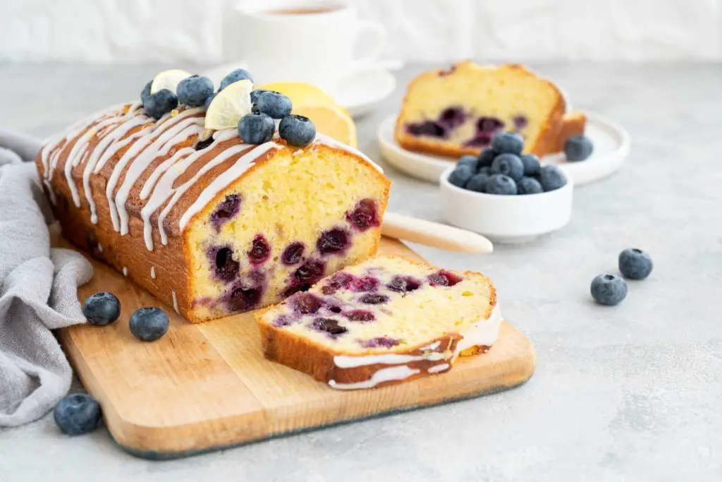 the lemon blueberry loaf is finished and ready to eat