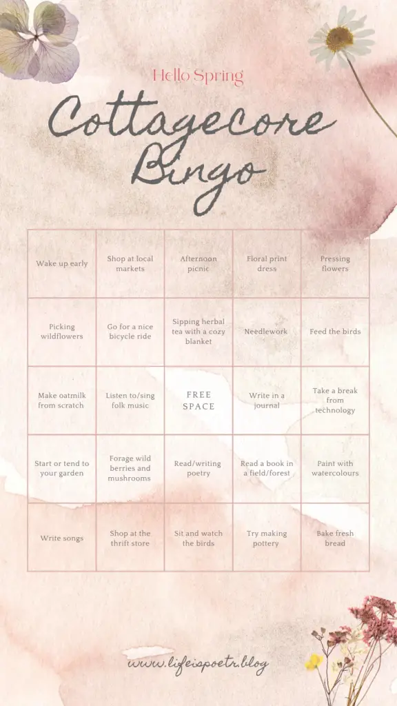 spring cottagecore bingo checklist full of activities to try