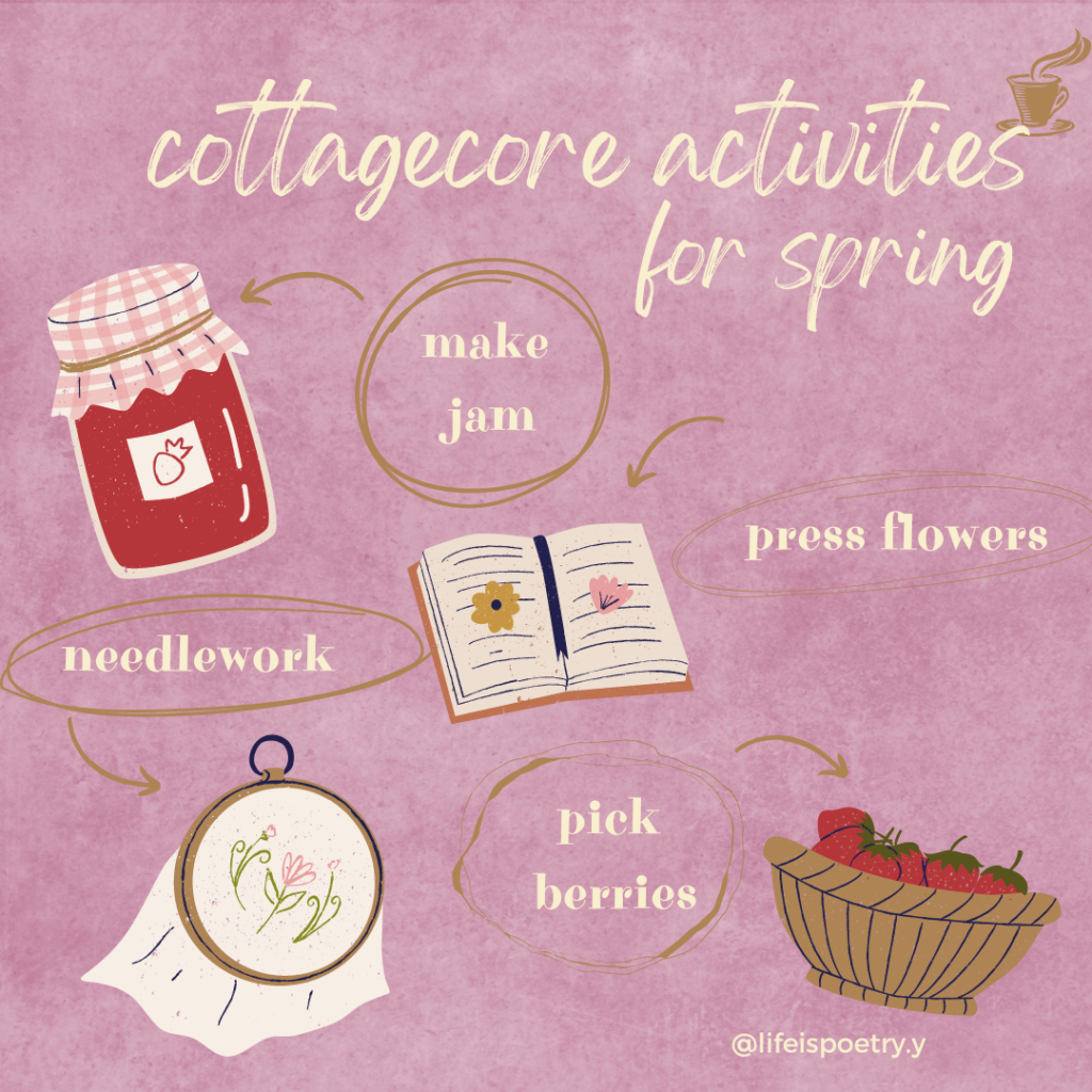 cottagecore activities for spring, including berry-picking, making jam, needlework, and pressing flowers