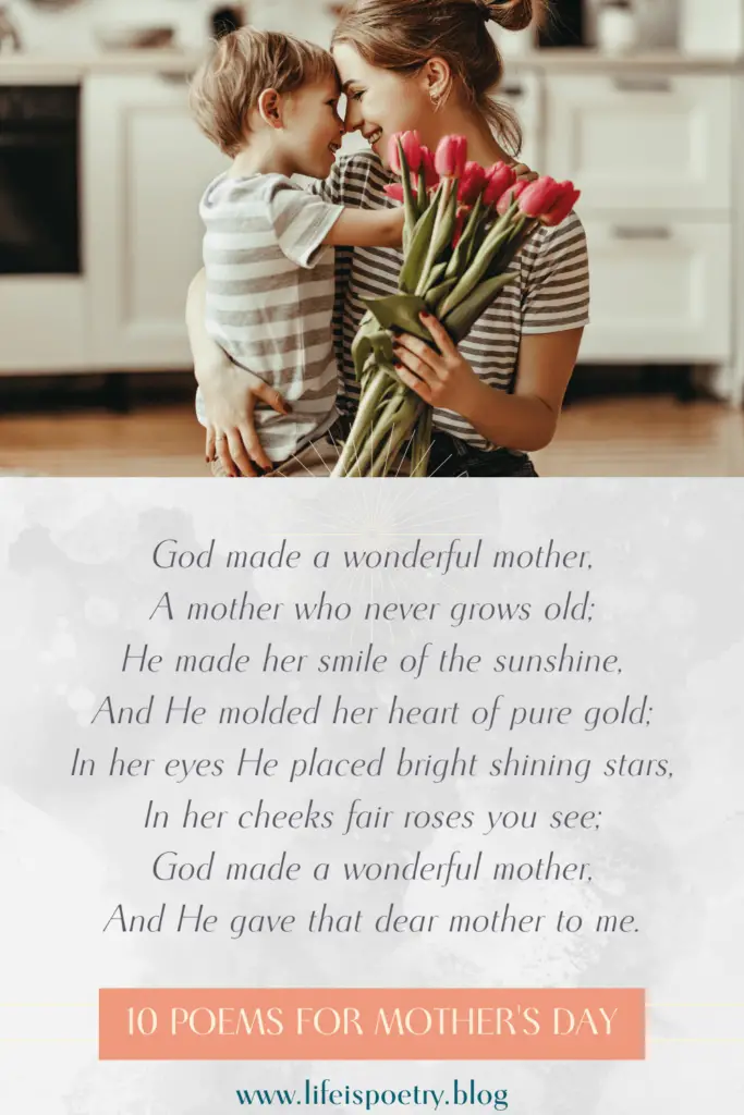 An image of a mothers holding her daughter and smiling. It includes a Mother's Day poem.