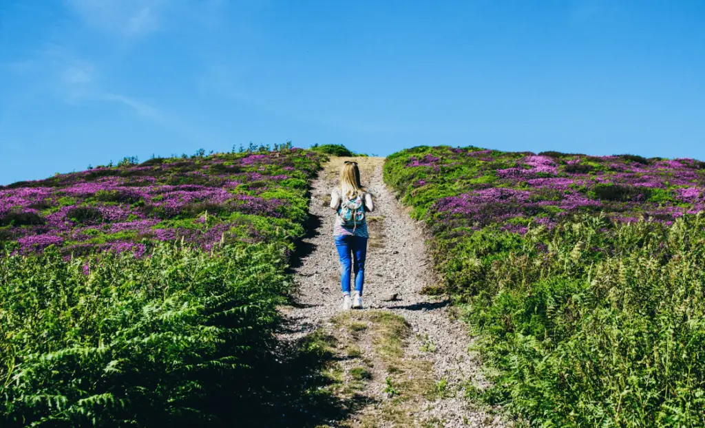 a woman walks on a trail in the woutdoors surrounded by flowers. this image is meant to inspire one to write poetry in nature.
