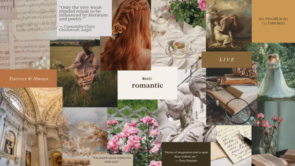 A mood board of images including rose bushes, cathedrals, oil paiting and romantic gowns. This collage captures the aesthetic of Romantic Academia.