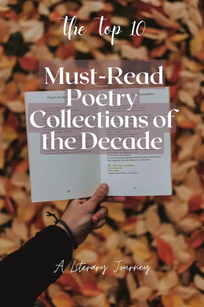 This image is the cover for this blog post, showing a poetry collection  book in front of autumn leaves all over the ground.