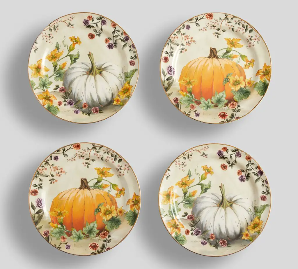 Vintage inspired, rustic dinner plates form PotteryBarn featuring pumpkins.