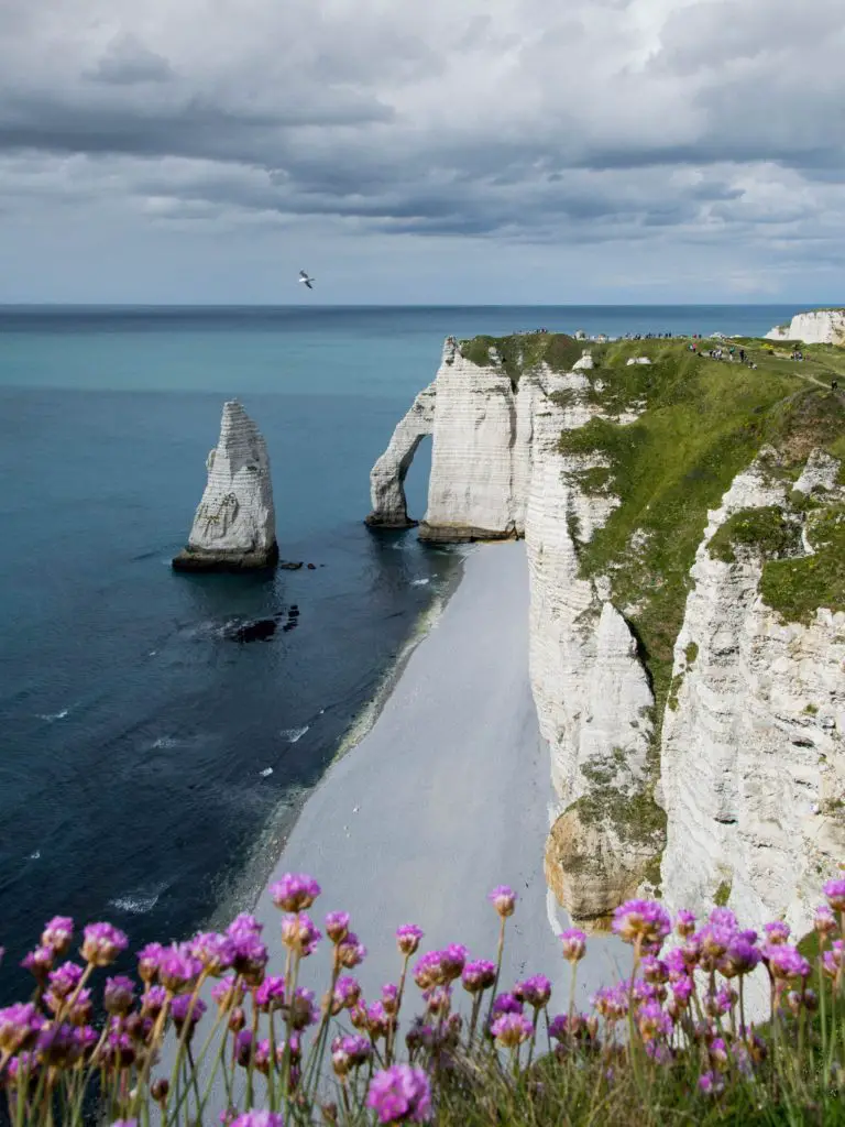 A scenic view of the cliffs along the ocean in Normandy, France.