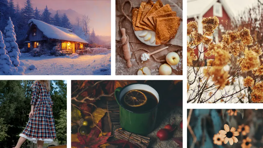 A collage of images showing seasonal and rustic photos such as an old log home style cottage blanketed in snow, flowers in snow, a warm tea, and a thick plaid winter style dress.